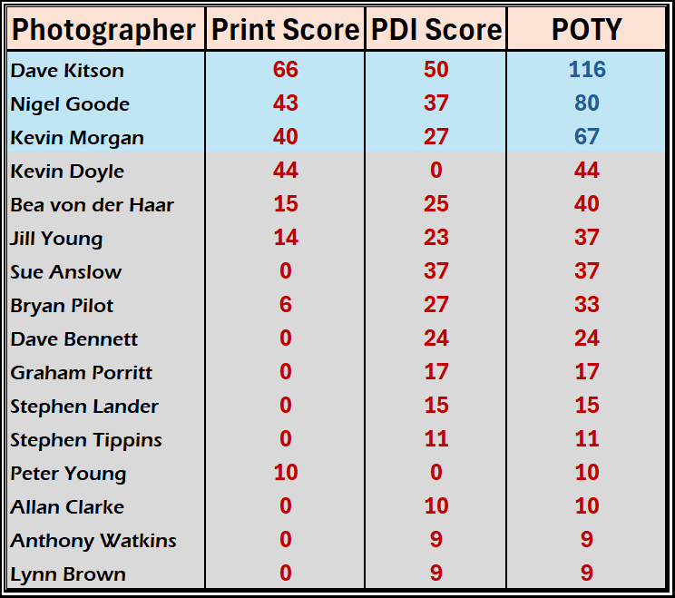 Photographer of the Year table